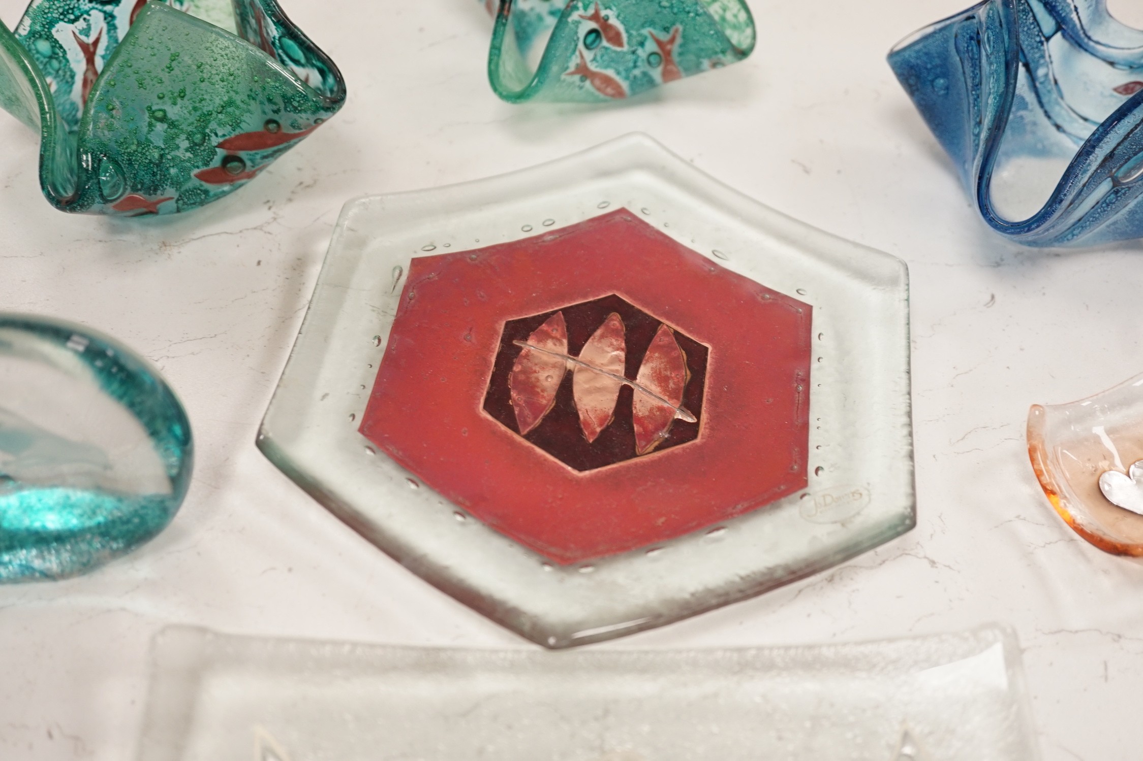 Three glass handkerchief vases and six other glass items